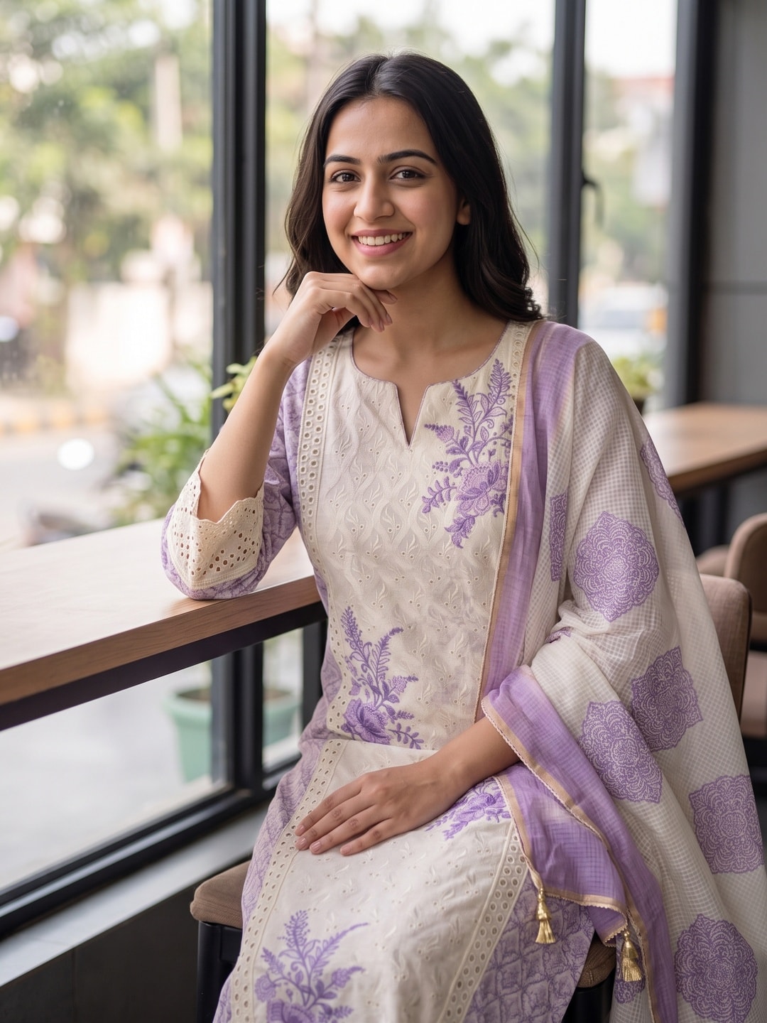Peachmode Purple Muslin Blend Schiffli Work Salwar Suit with Printed Dupatta - Image 5