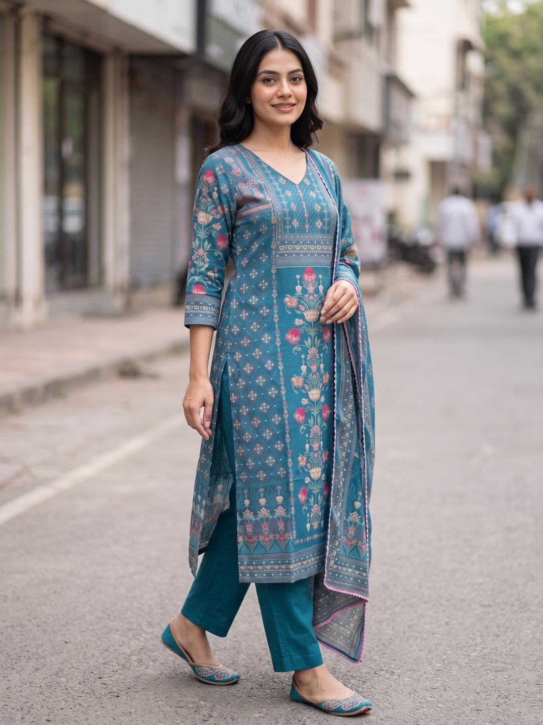 Peachmode Teal Pure Muslin Digital Print Salwar Suit with Handwork - Image 3