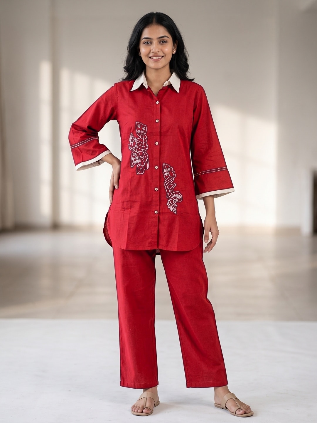 Peachmode Maroon Pure Cotton Embroidered Contrast Collar Co-ord Set - Image 1