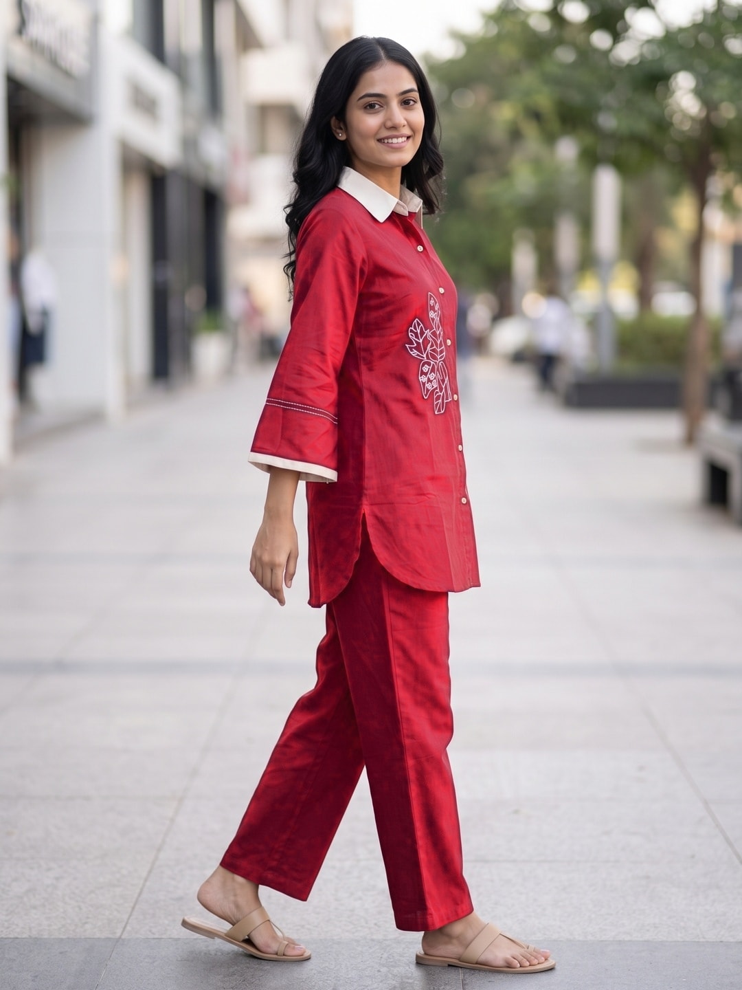 Peachmode Maroon Pure Cotton Embroidered Contrast Collar Co-ord Set - Image 3