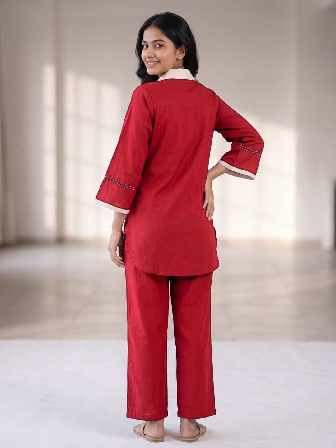 Peachmode Maroon Pure Cotton Embroidered Contrast Collar Co-ord Set - Image 4