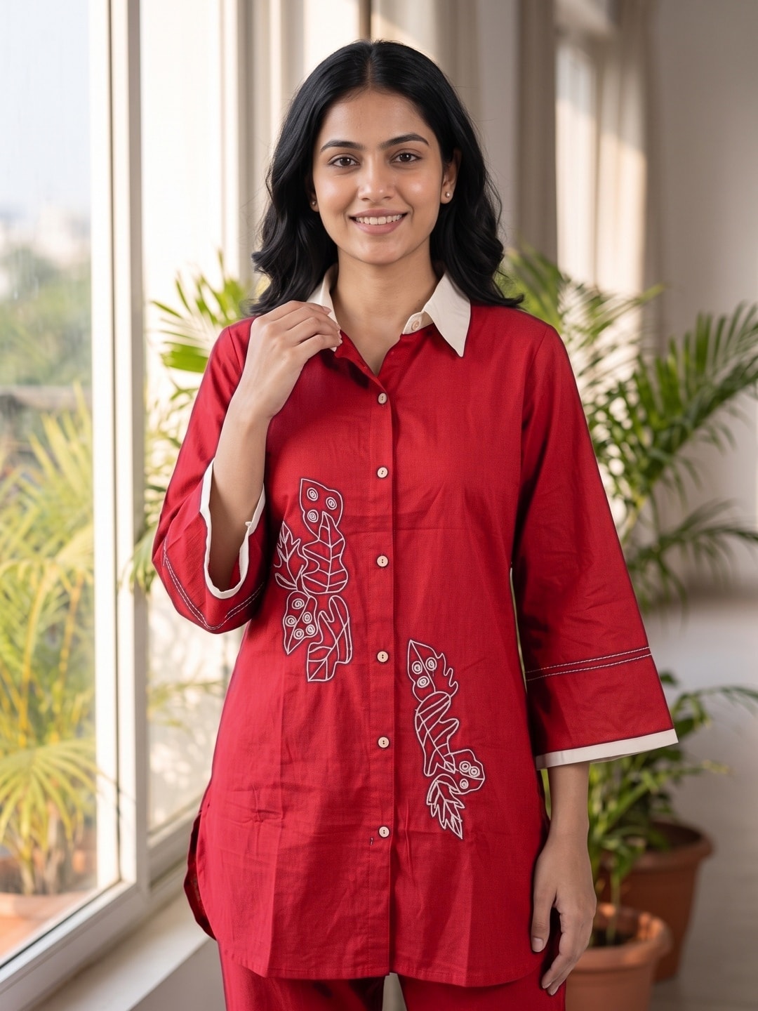Peachmode Maroon Pure Cotton Embroidered Contrast Collar Co-ord Set - Image 5