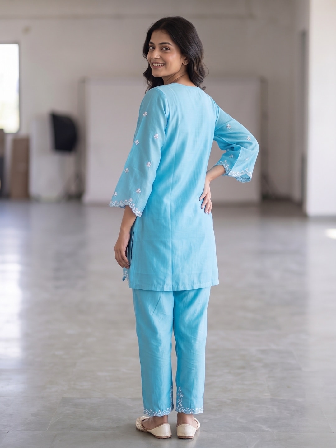 Peachmode Teal Silk Blend Embroidered Co-ord Set with Scalloped Vine Work - Image 4