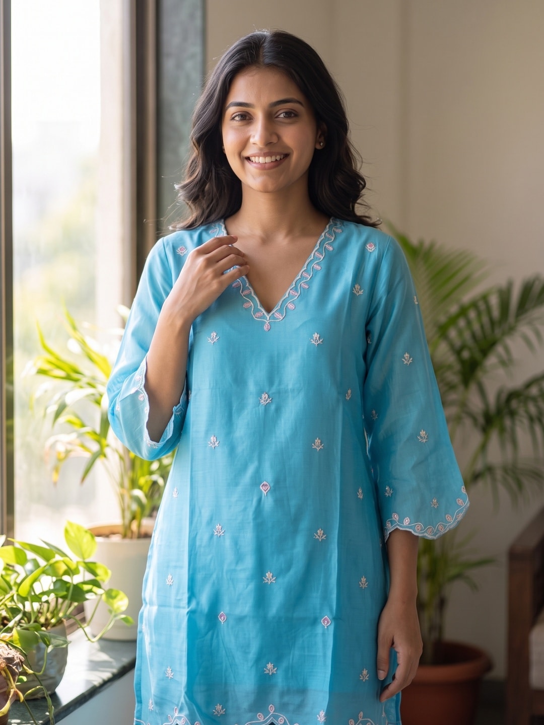 Peachmode Teal Silk Blend Embroidered Co-ord Set with Scalloped Vine Work - Image 5