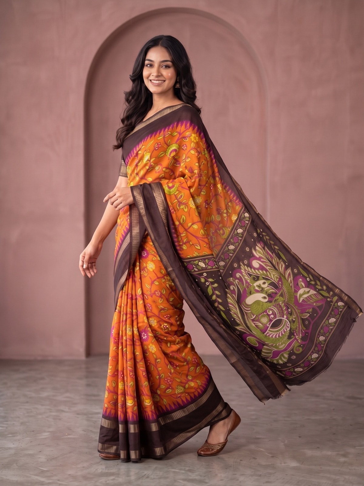 Peachmode Orange Moss Georgette Saree With Bentex Jacquard Border And Kalamkari Peacock Pallu - Image 2
