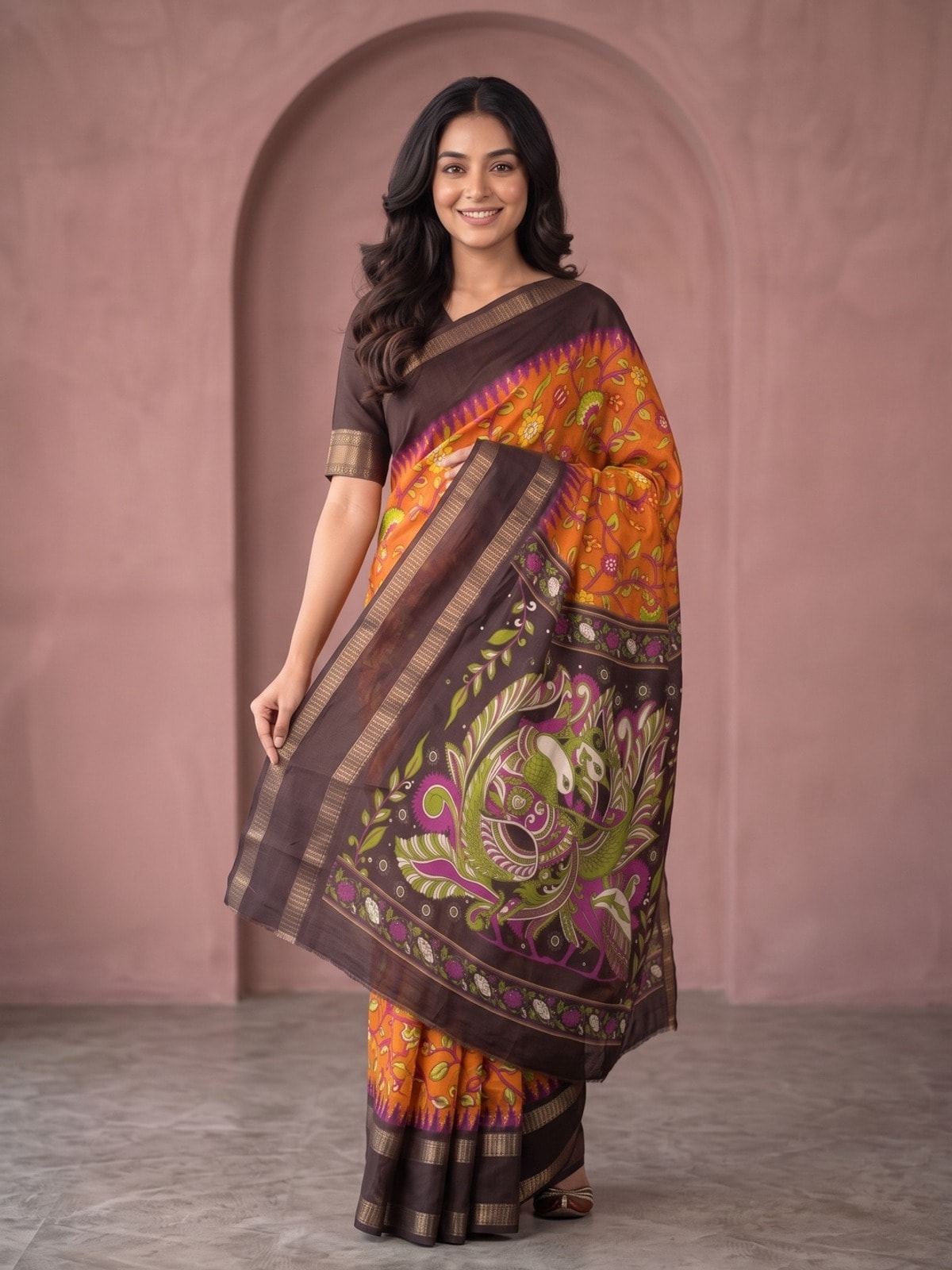 Peachmode Orange Moss Georgette Saree With Bentex Jacquard Border And Kalamkari Peacock Pallu - Image 3