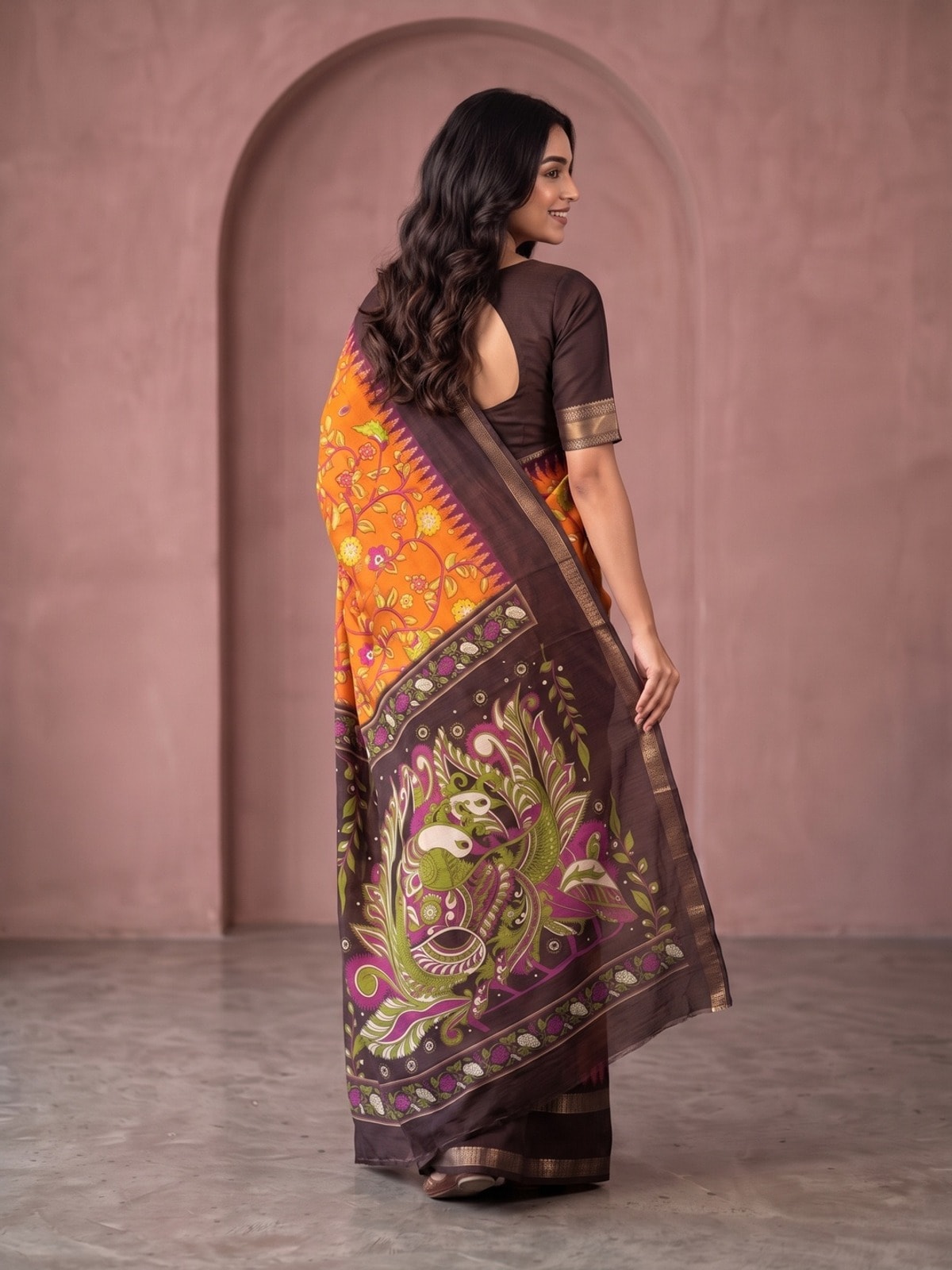 Peachmode Orange Moss Georgette Saree With Bentex Jacquard Border And Kalamkari Peacock Pallu - Image 4