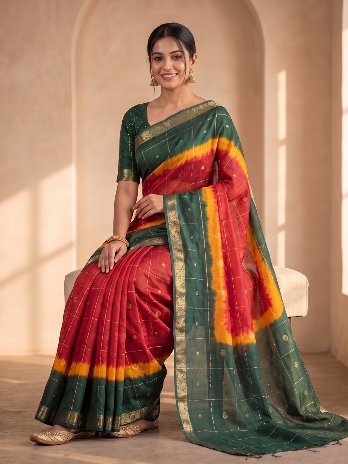 Peachmode Green Soft Cotton Jacquard Bandhani Shibori Saree With Kalamkari Weaving - Image 5