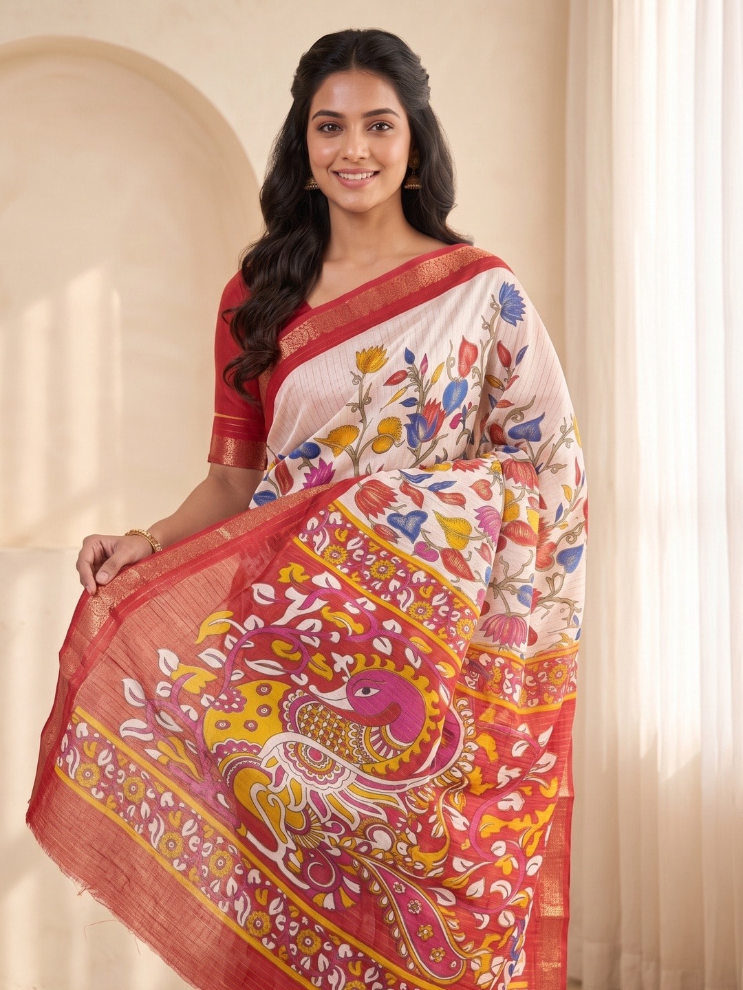Peachmode White Soft Cotton Chex Jacquard Saree With Kalamkari Peacock Pallu - Image 3