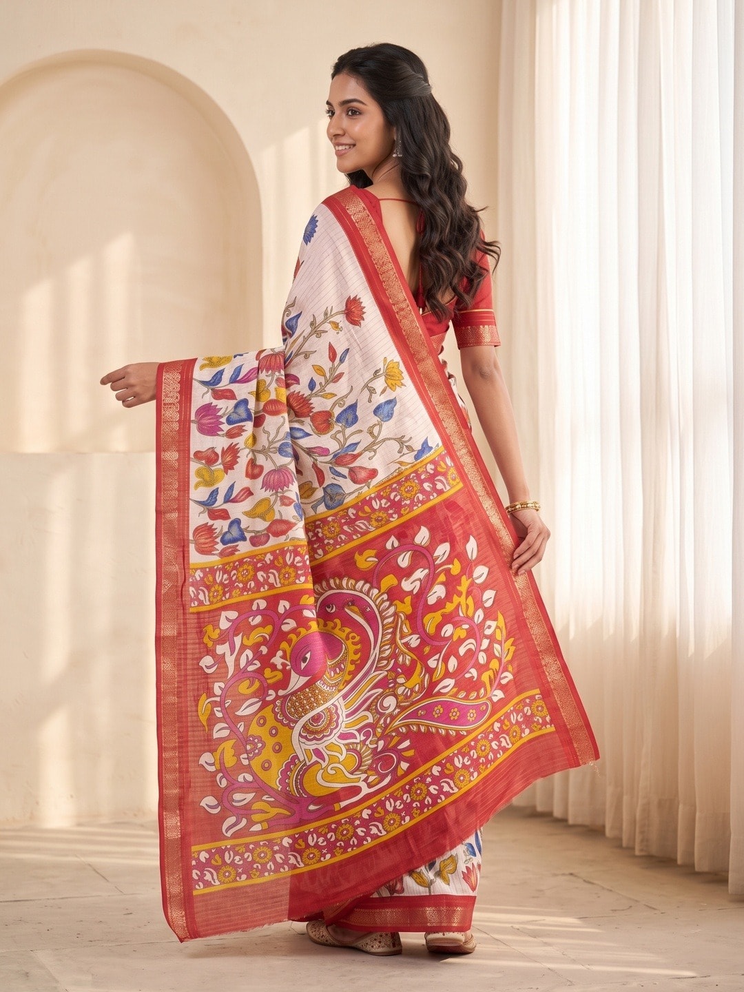 Peachmode White Soft Cotton Chex Jacquard Saree With Kalamkari Peacock Pallu - Image 4