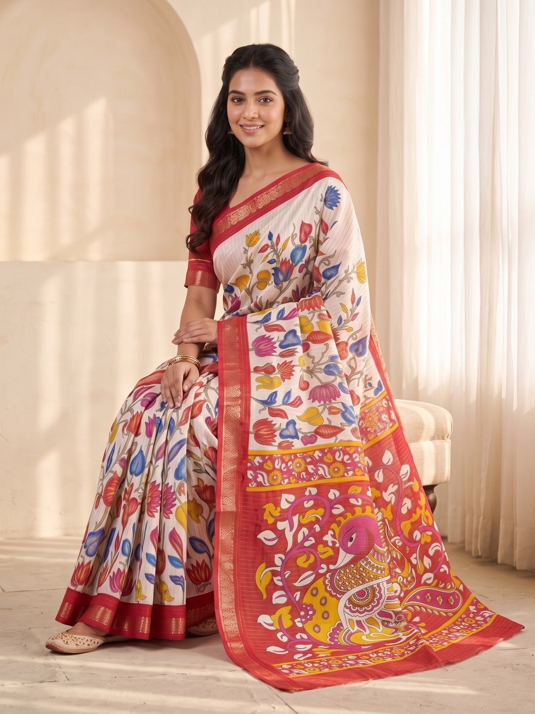 Peachmode White Soft Cotton Chex Jacquard Saree With Kalamkari Peacock Pallu - Image 5
