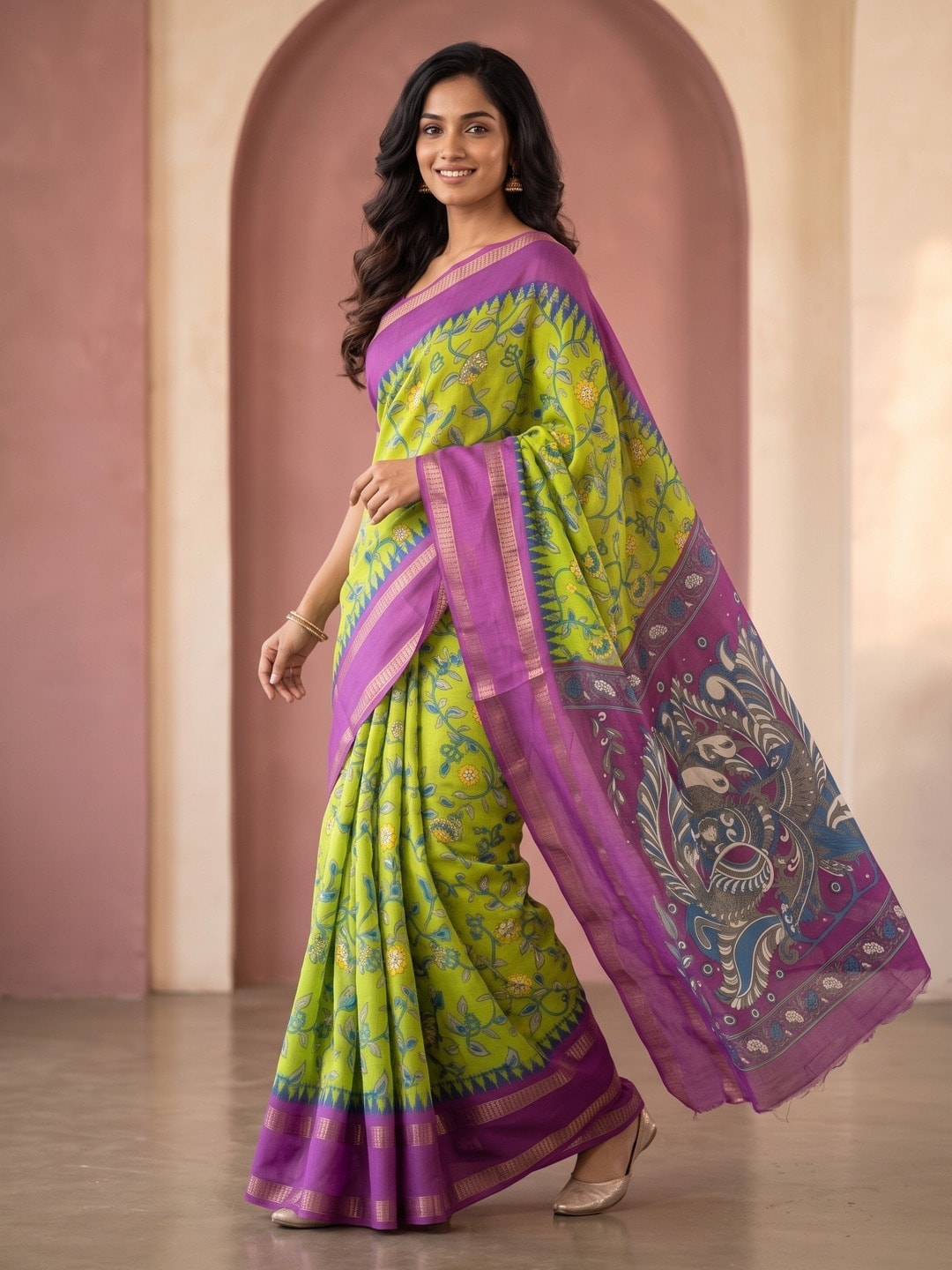 Peachmode Lime Green Moss Georgette Saree With Bentex Jacquard Border And Kalamkari Peacock Pallu - Image 2