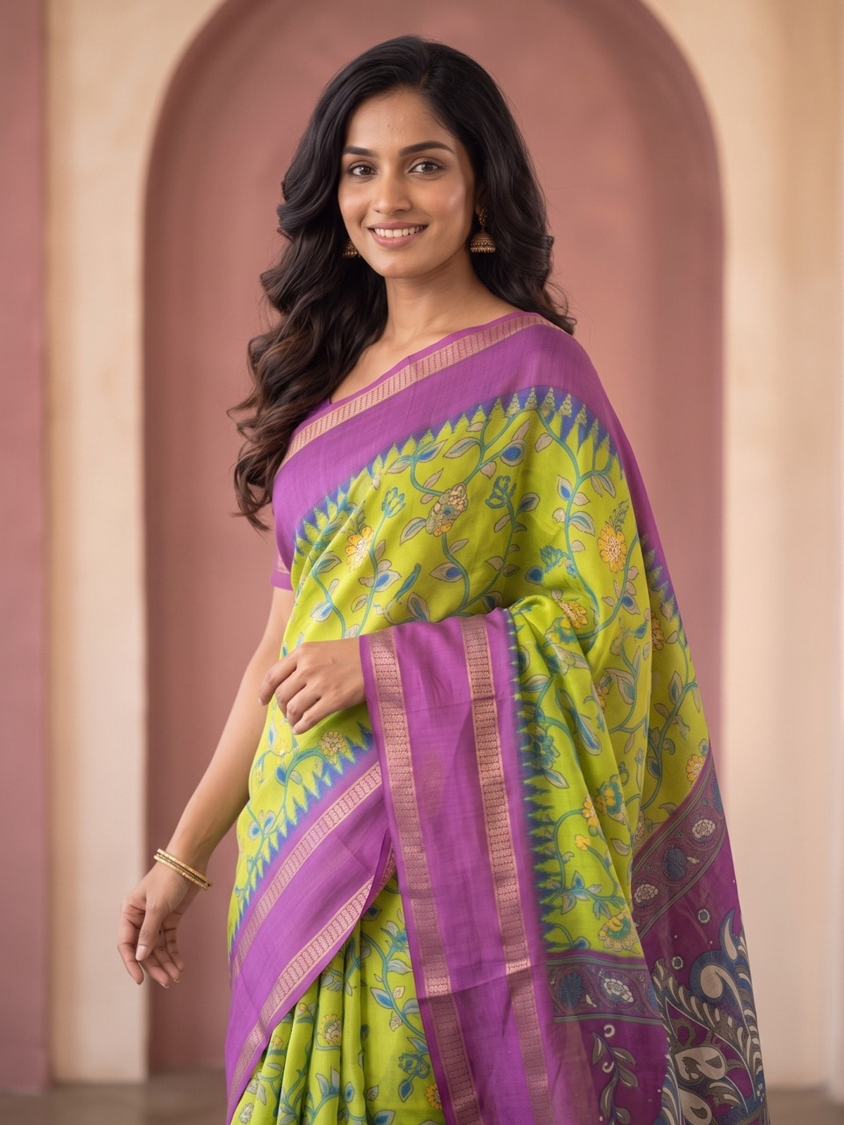 Peachmode Lime Green Moss Georgette Saree With Bentex Jacquard Border And Kalamkari Peacock Pallu - Image 3