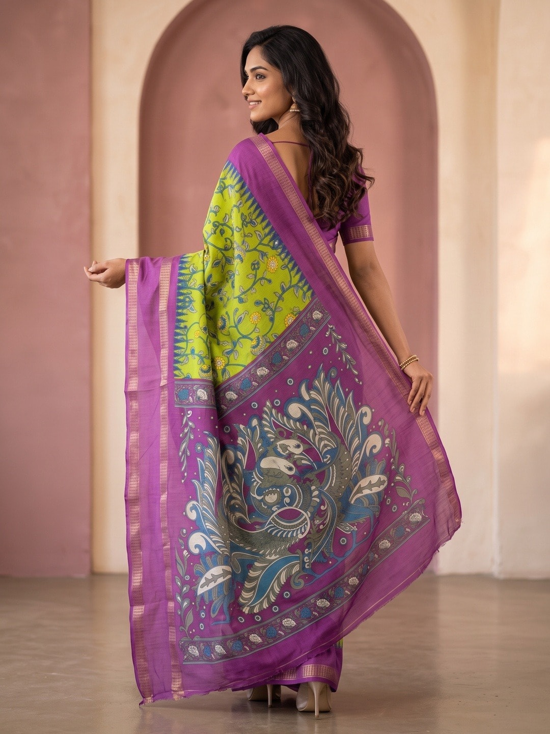 Peachmode Lime Green Moss Georgette Saree With Bentex Jacquard Border And Kalamkari Peacock Pallu - Image 4
