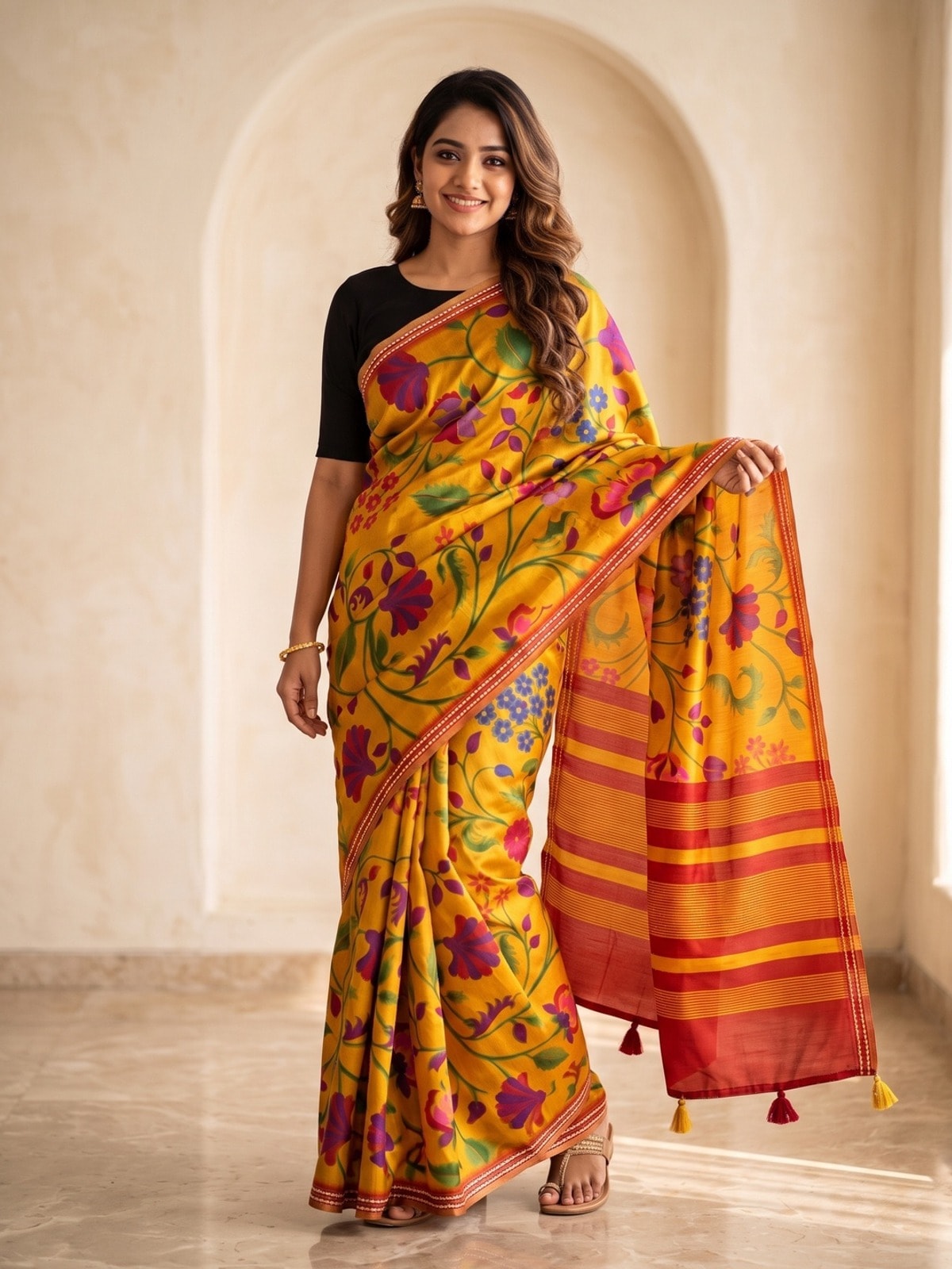 Peachmode Mustard Tussar Silk Floral Printed Saree With Viscose Arrow Weaving Border - Image 1