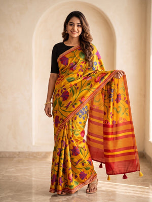 Peachmode Mustard Tussar Silk Floral Printed Saree With Viscose Arrow Weaving Border - Image 1