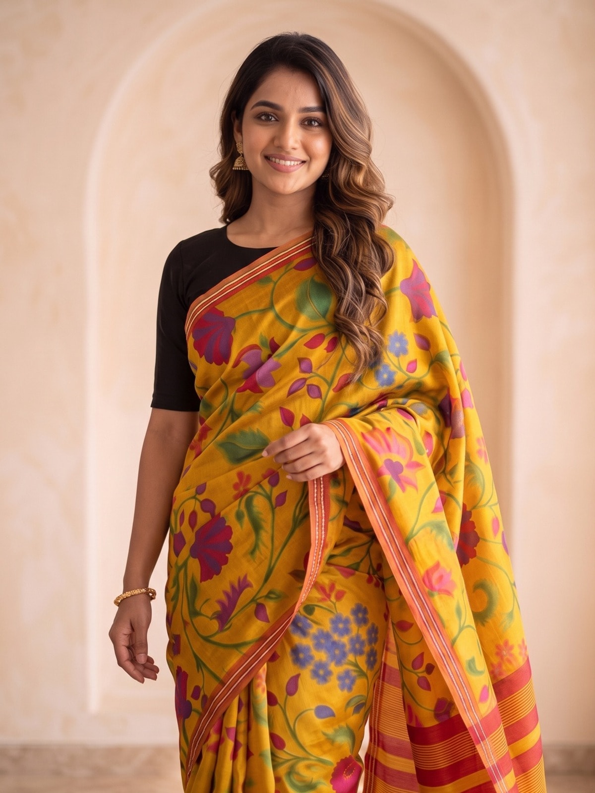 Peachmode Mustard Tussar Silk Floral Printed Saree With Viscose Arrow Weaving Border - Image 3