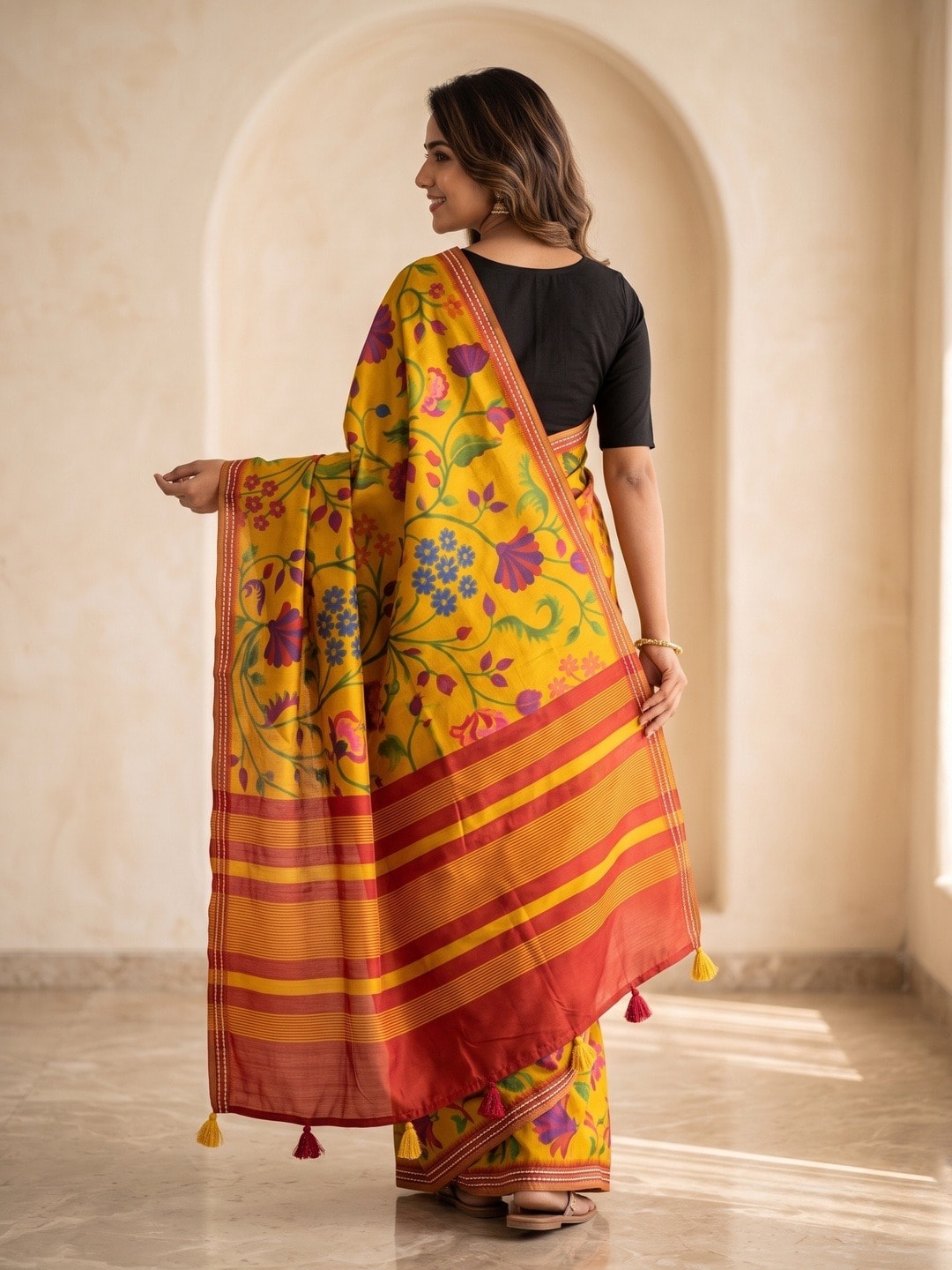 Peachmode Mustard Tussar Silk Floral Printed Saree With Viscose Arrow Weaving Border - Image 4