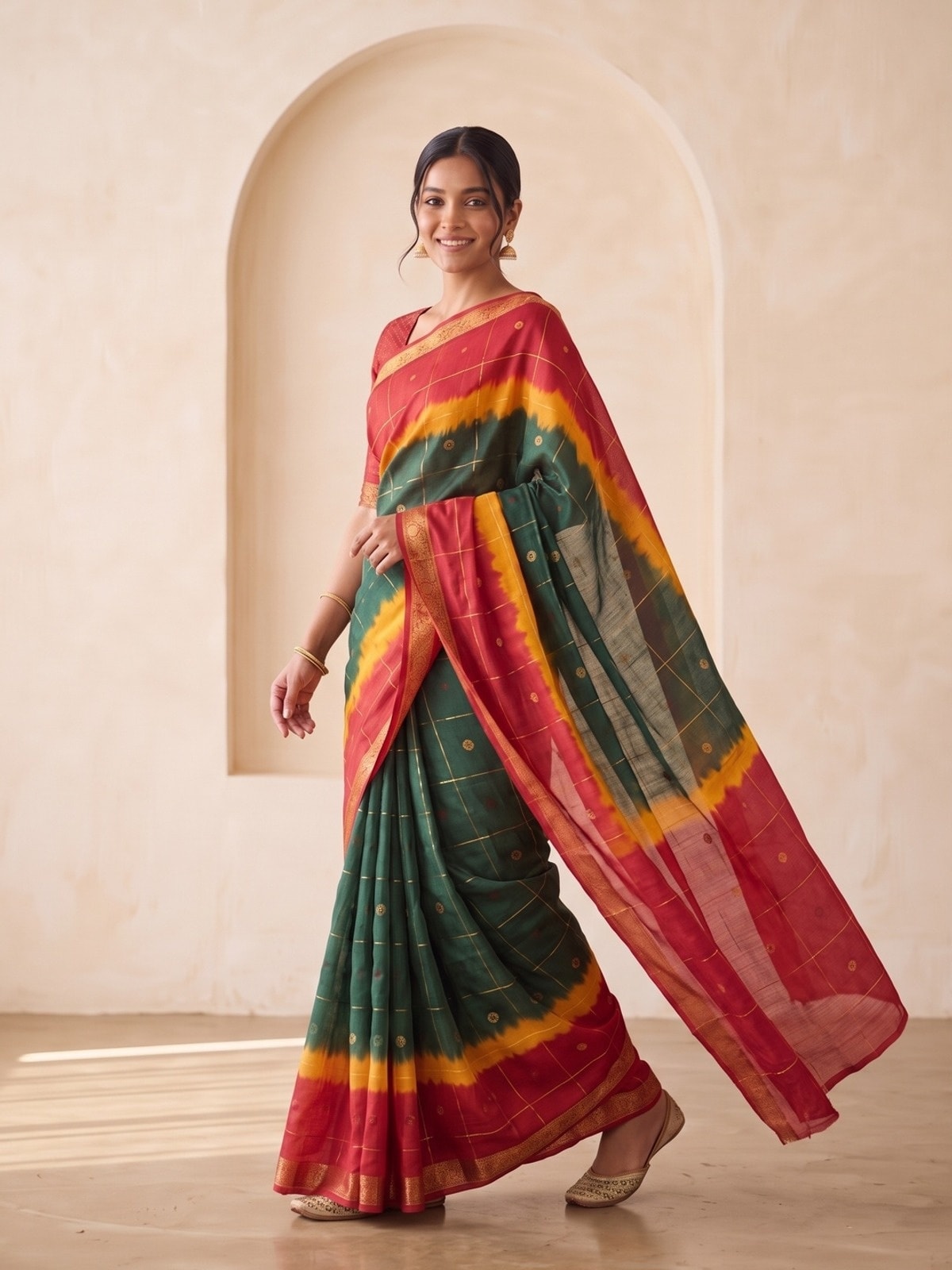 Peachmode Red Soft Cotton Jacquard Bandhani Shibori Saree With Kalamkari Weaving - Image 2
