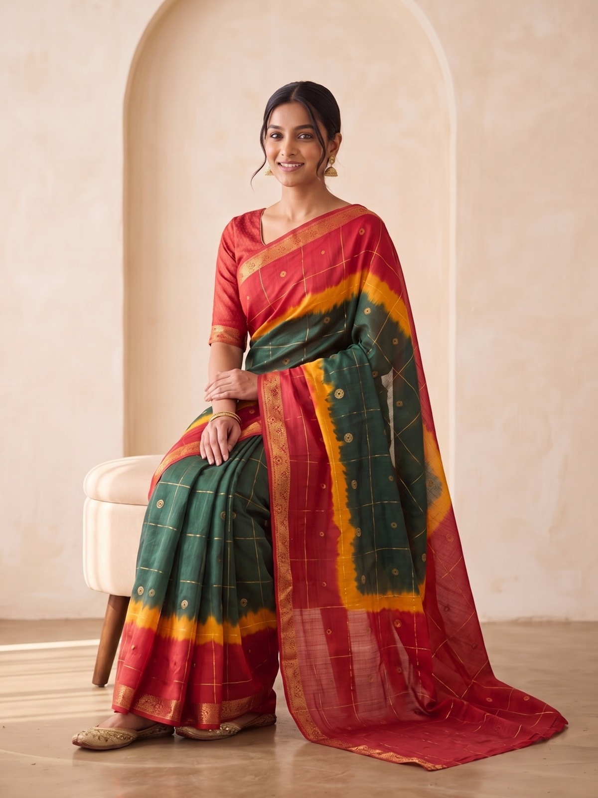 Peachmode Red Soft Cotton Jacquard Bandhani Shibori Saree With Kalamkari Weaving - Image 5
