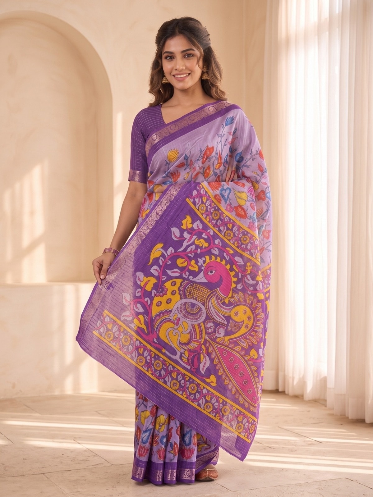 Peachmode Lavender Soft Cotton Chex Jacquard Saree With Kalamkari Peacock Pallu - Image 3