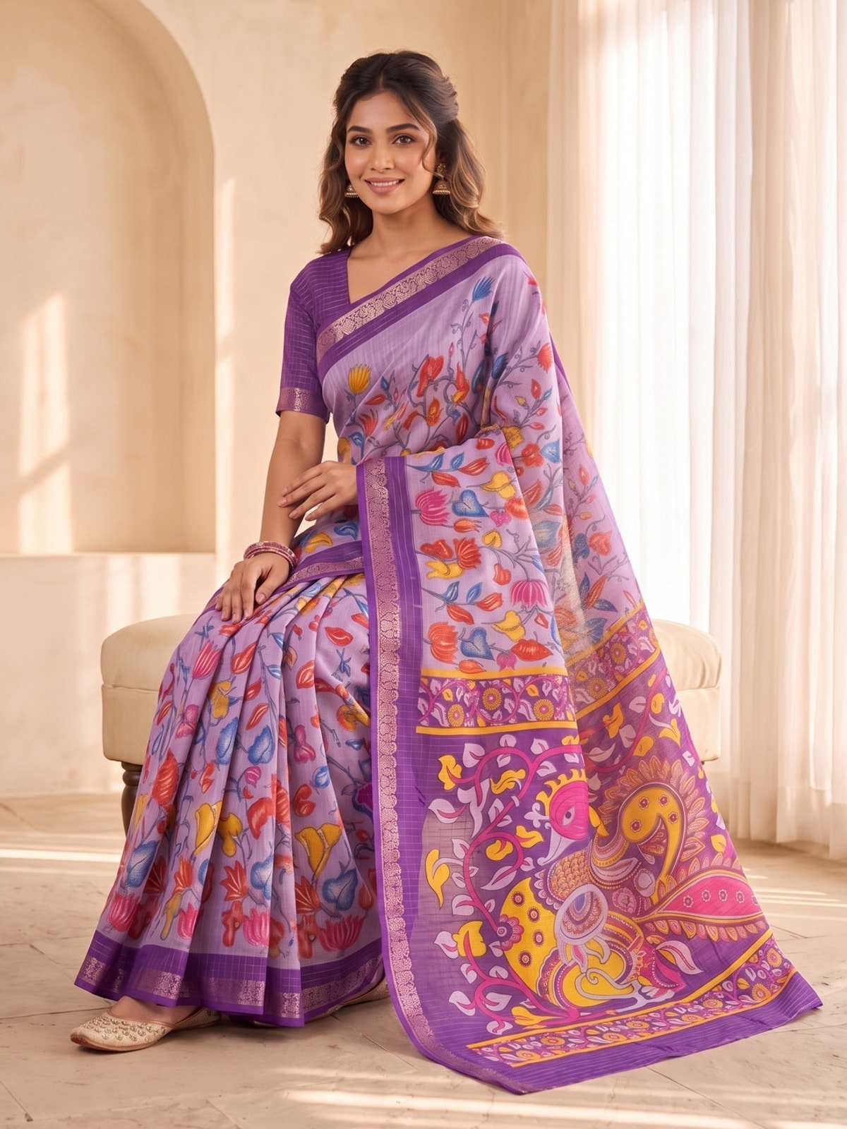 Peachmode Lavender Soft Cotton Chex Jacquard Saree With Kalamkari Peacock Pallu - Image 5