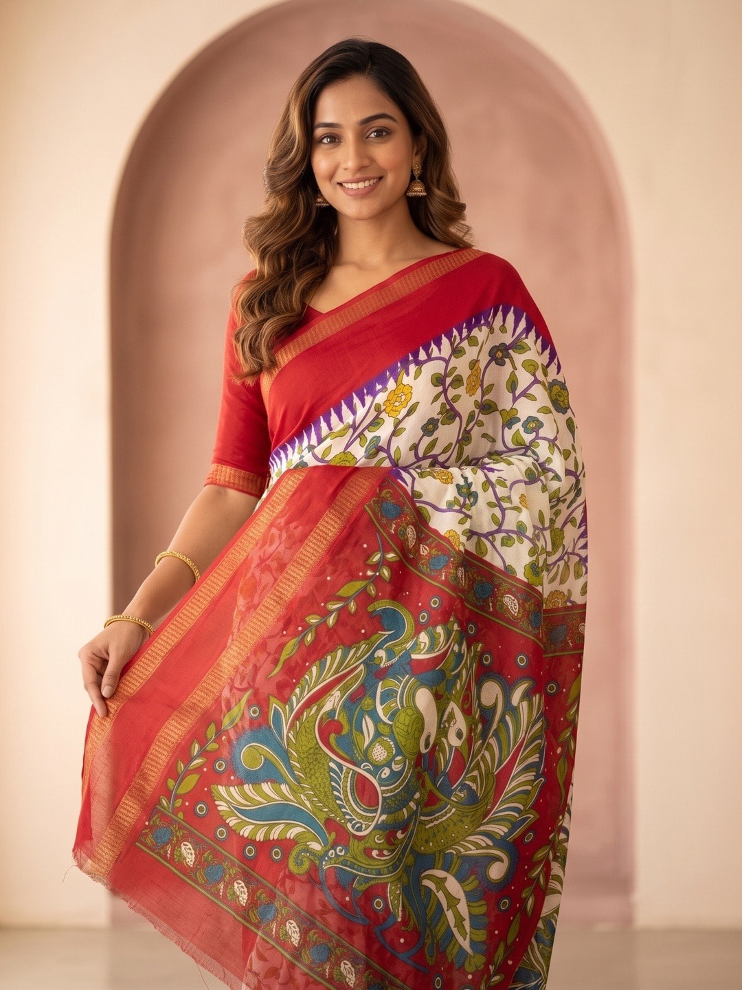 Peachmode White Moss Georgette Saree With Bentex Jacquard Border And Kalamkari Peacock Pallu - Image 3