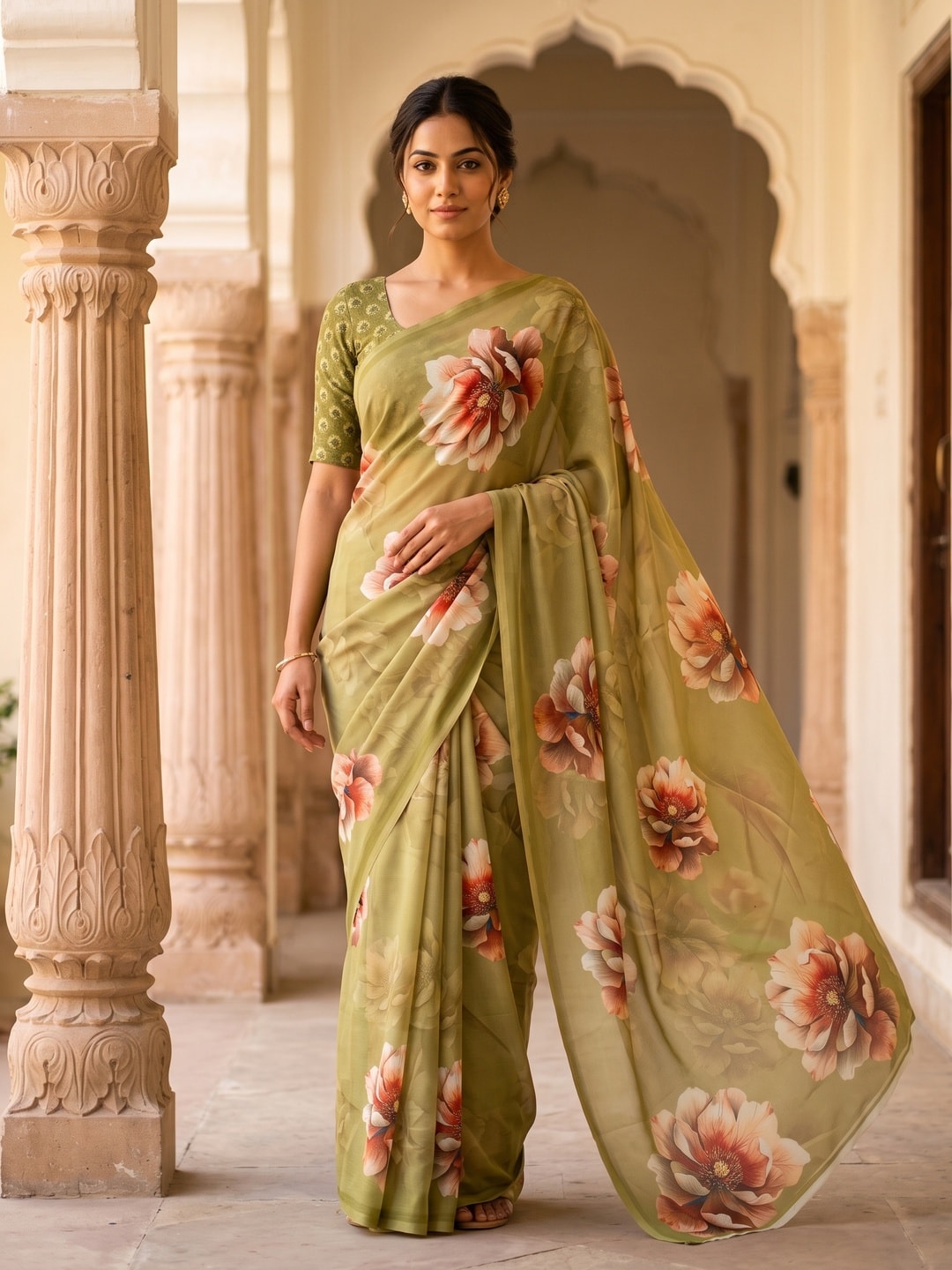 Peachmode Olive Green Peony Floral Weightless Georgette Digital Printed Saree - Image 1