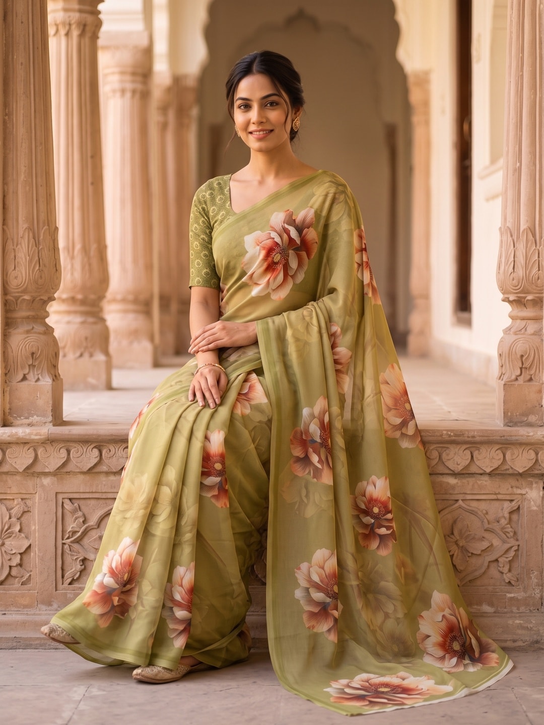 Peachmode Olive Green Peony Floral Weightless Georgette Digital Printed Saree - Image 3