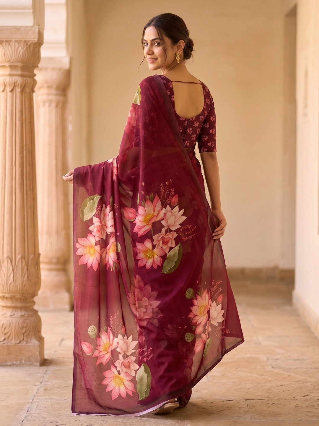 Peachmode Maroon Lotus Floral Weightless Georgette Digital Printed Saree - Image 3