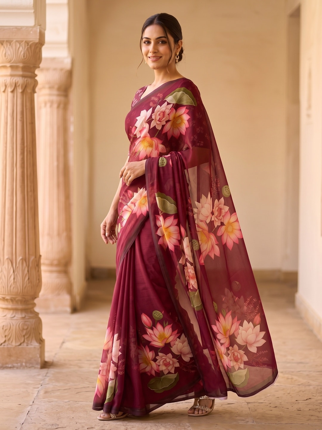 Peachmode Maroon Lotus Floral Weightless Georgette Digital Printed Saree - Image 5