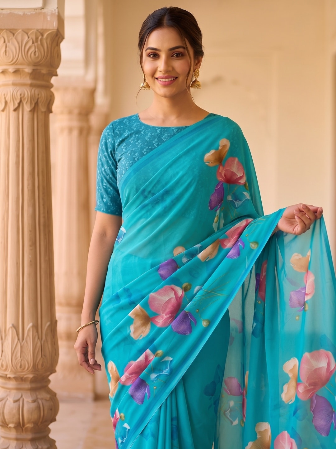 Peachmode Turquoise Watercolour Bloom Weightless Georgette Digital Printed Saree - Image 5