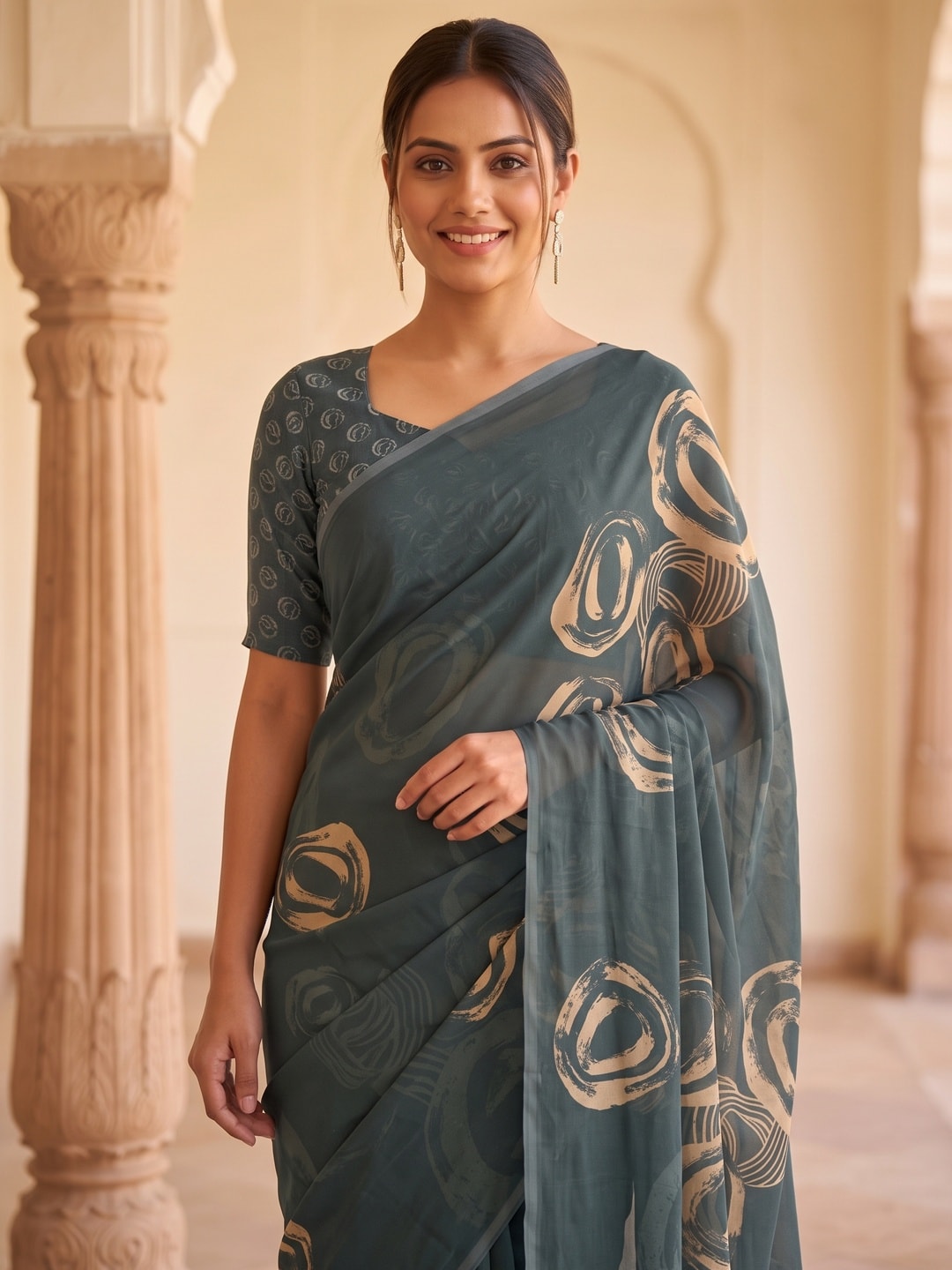 Peachmode Grey Abstract Rose Swirl Weightless Georgette Digital Printed Saree - Image 3