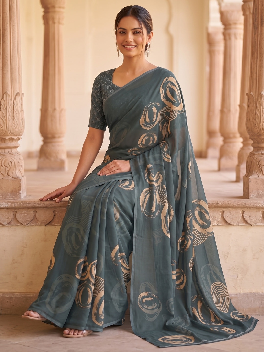 Peachmode Grey Abstract Rose Swirl Weightless Georgette Digital Printed Saree - Image 5