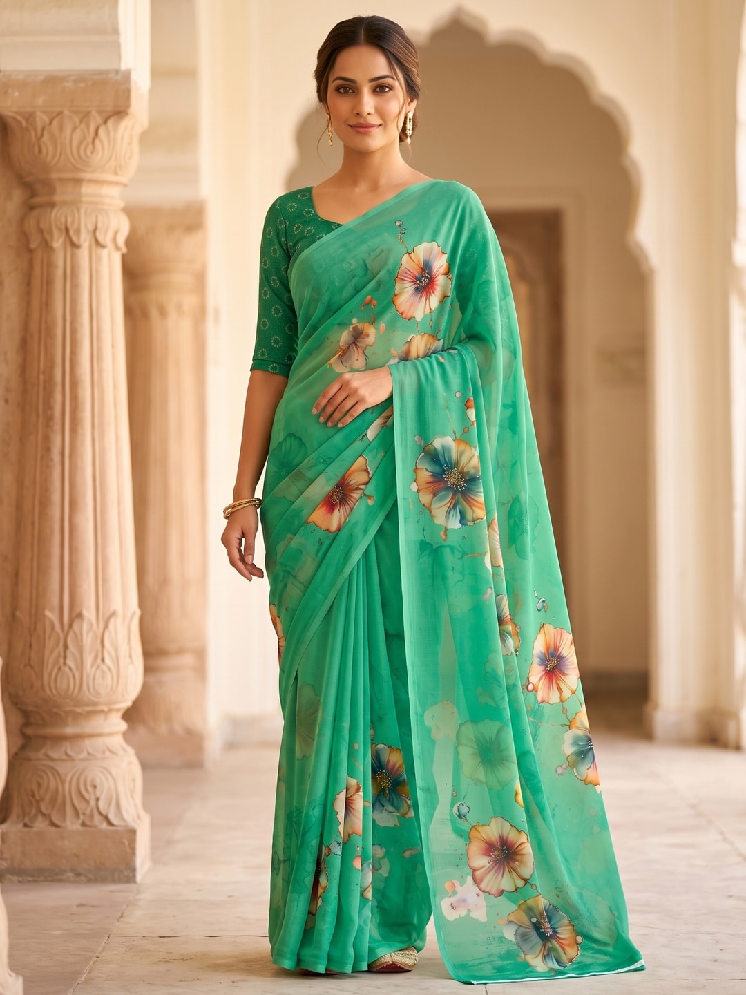 Peachmode Sea Green Poppy Floral Weightless Georgette Digital Printed Saree - Image 1