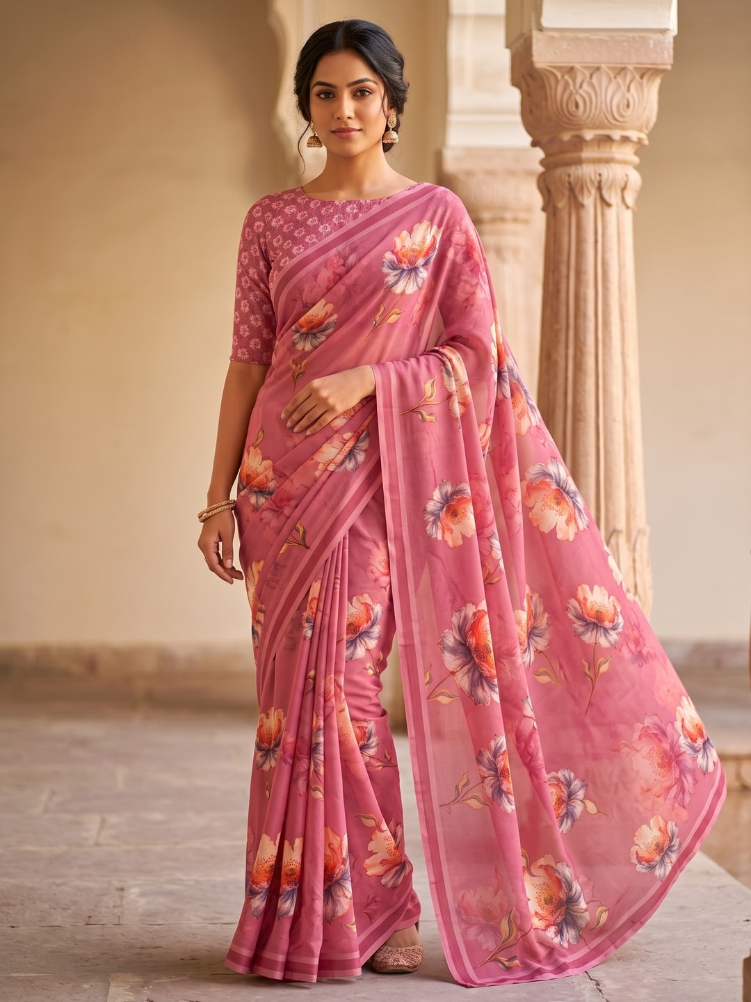 Peachmode Pink Peach Bloom Floral Weightless Georgette Digital Printed Saree - Image 1