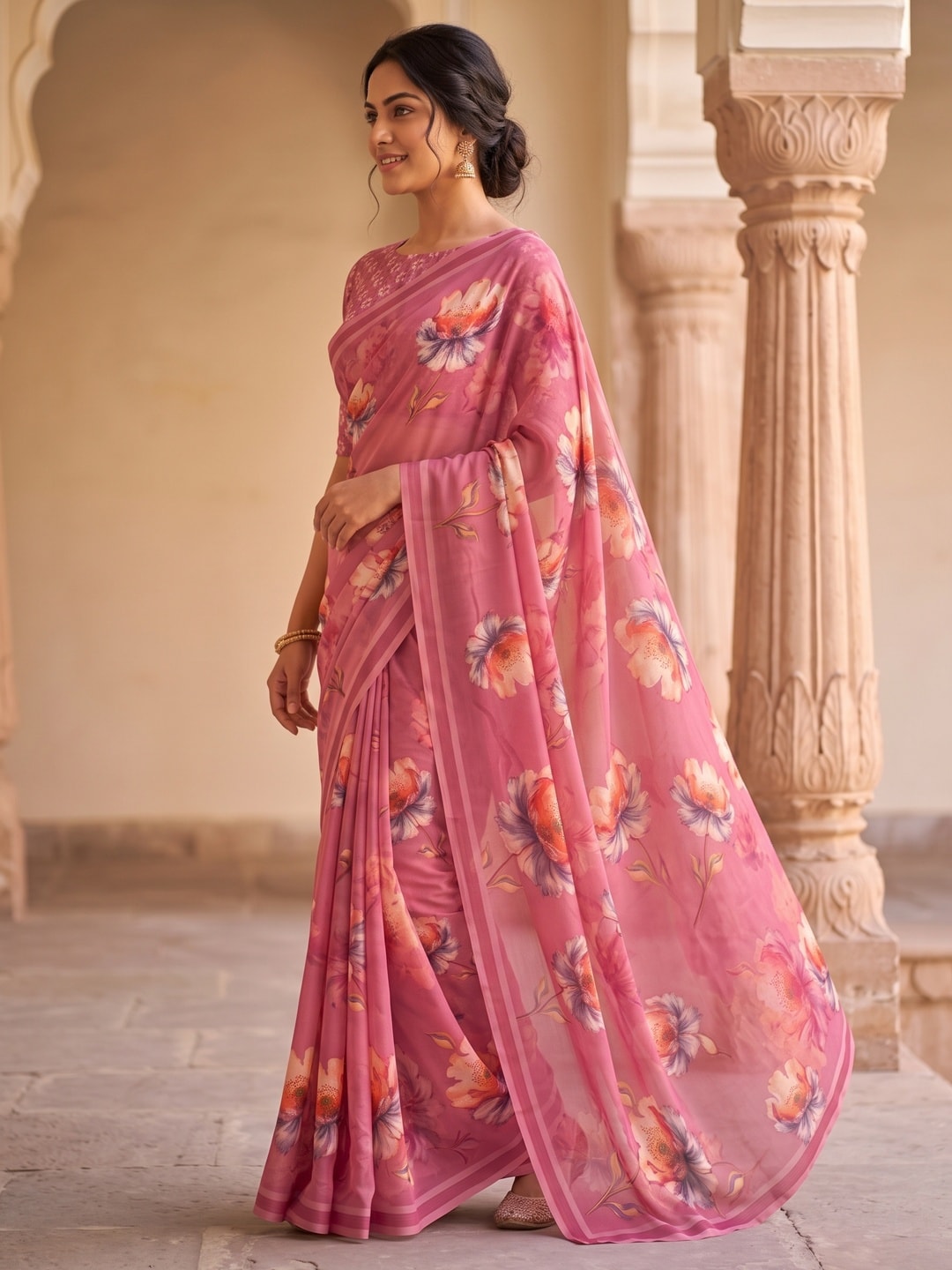 Peachmode Pink Peach Bloom Floral Weightless Georgette Digital Printed Saree - Image 2