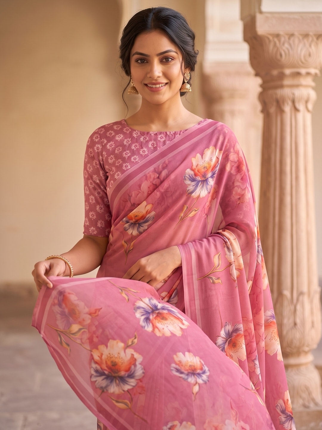 Peachmode Pink Peach Bloom Floral Weightless Georgette Digital Printed Saree - Image 3