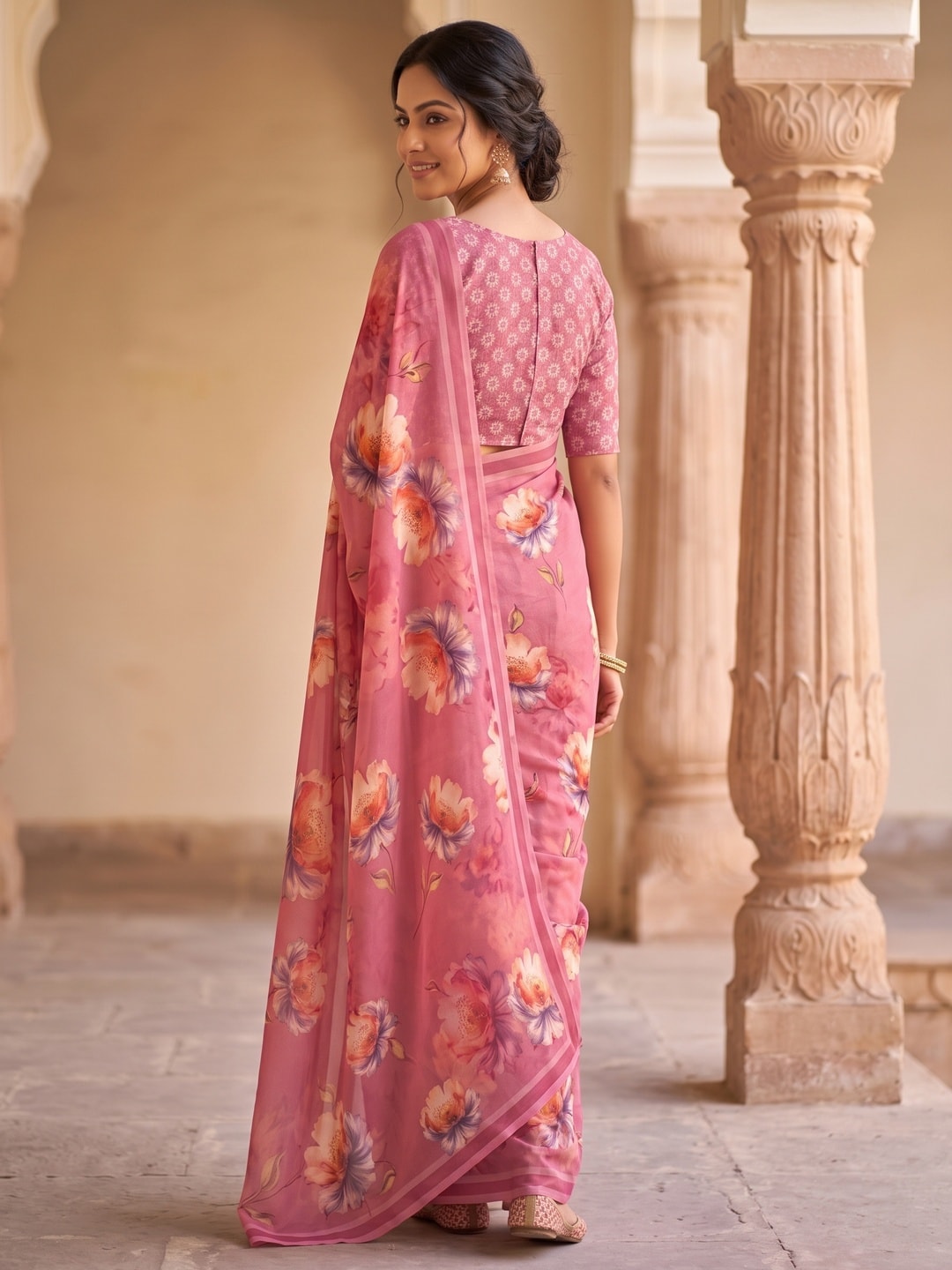 Peachmode Pink Peach Bloom Floral Weightless Georgette Digital Printed Saree - Image 4
