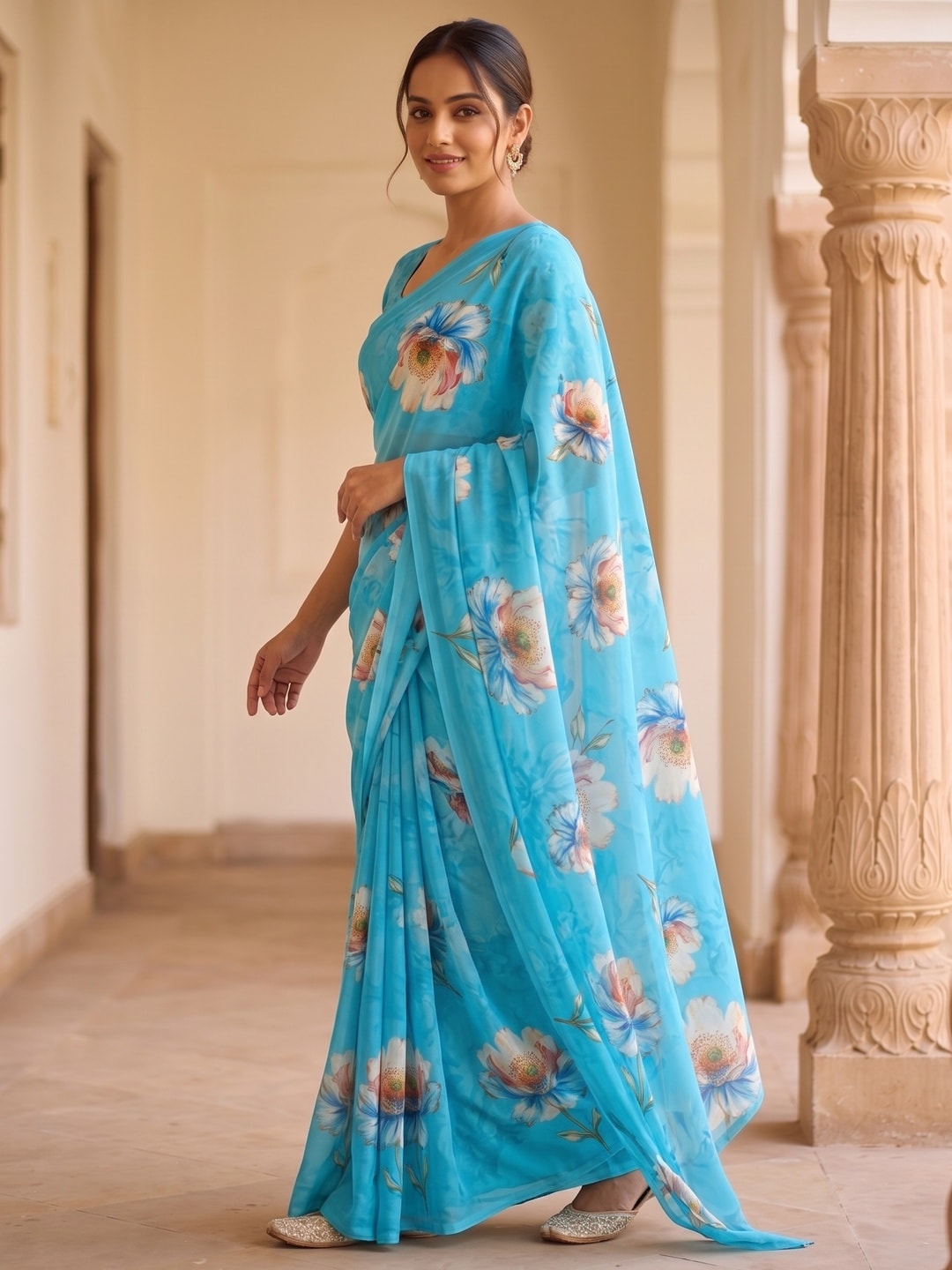 Peachmode Sky Blue Peach Bloom Floral Weightless Georgette Digital Printed Saree - Image 2