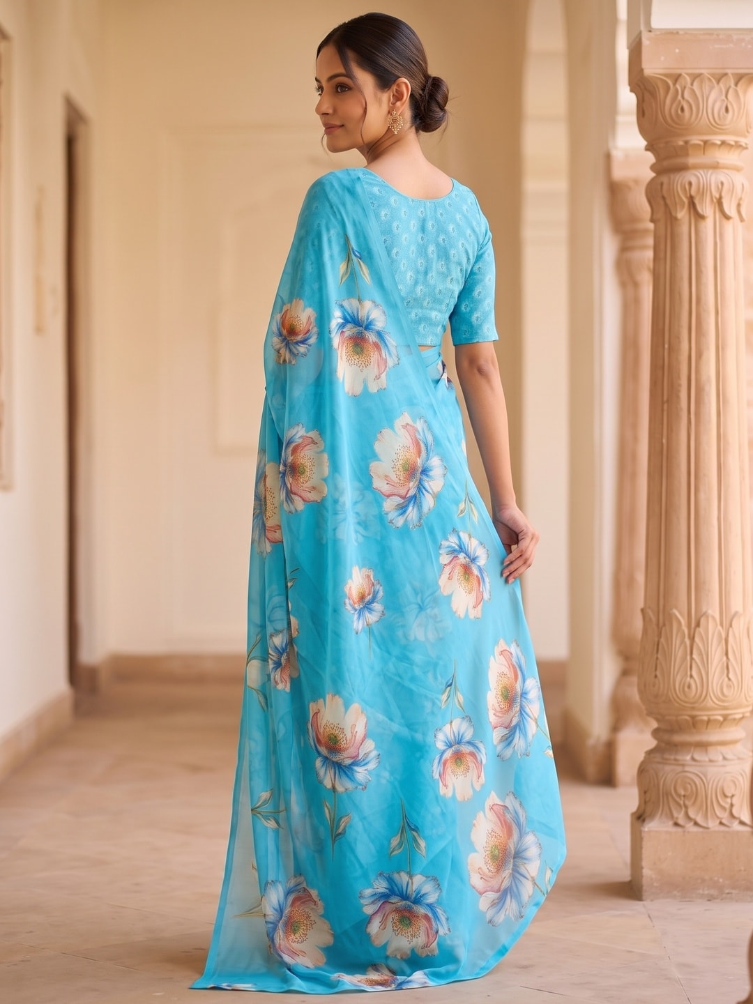 Peachmode Sky Blue Peach Bloom Floral Weightless Georgette Digital Printed Saree - Image 4