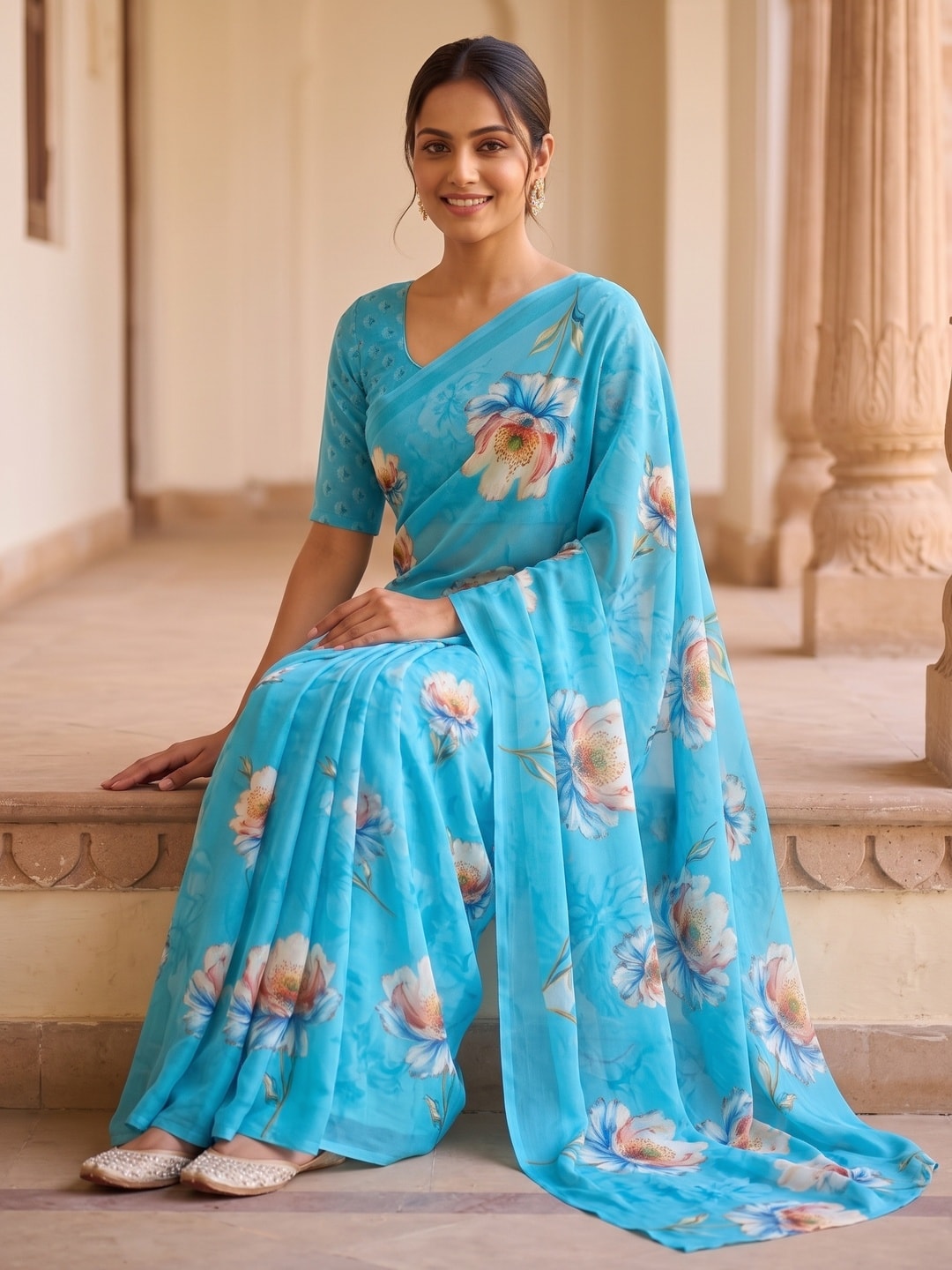 Peachmode Sky Blue Peach Bloom Floral Weightless Georgette Digital Printed Saree - Image 5