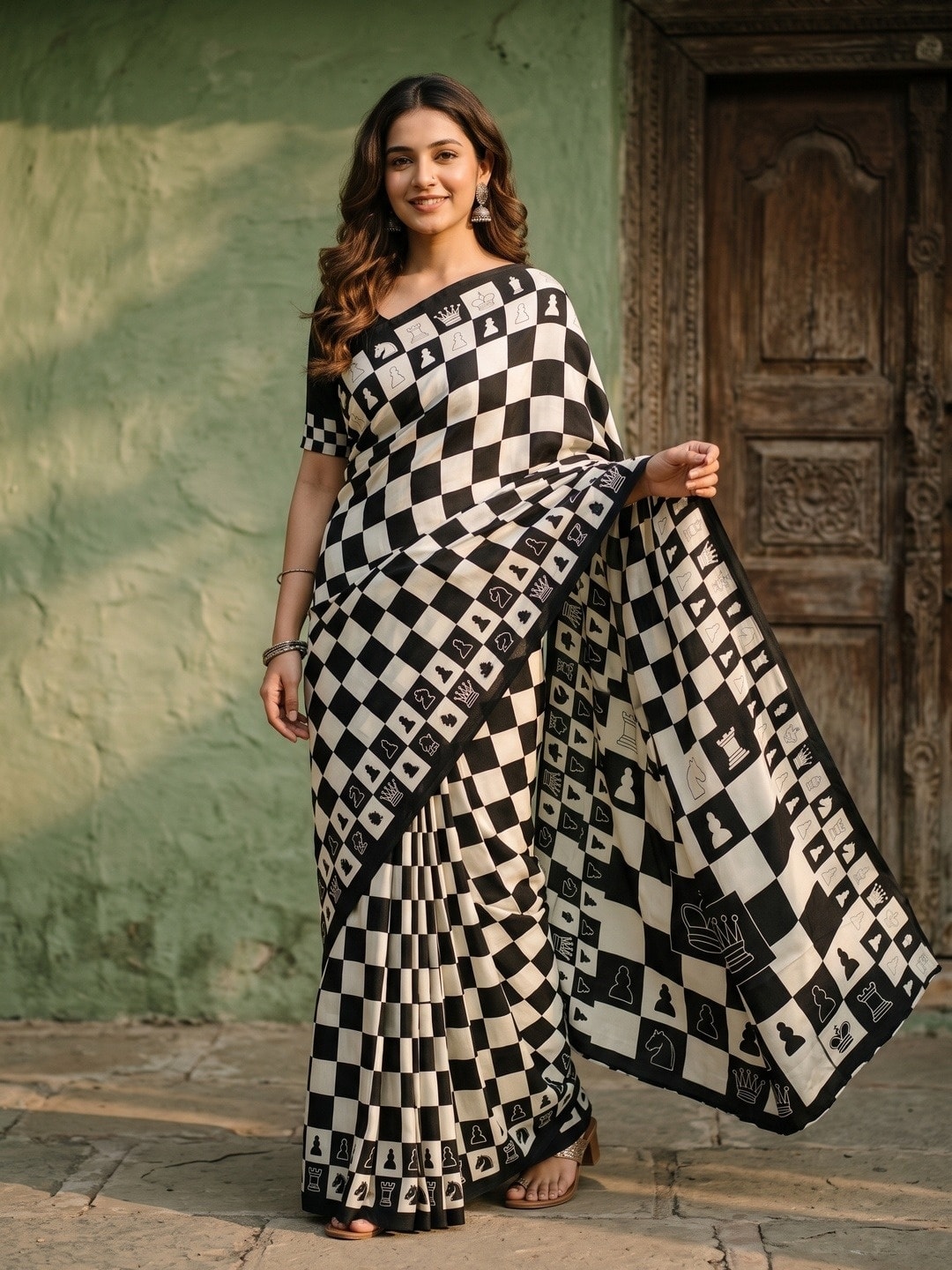 Peachmode Black Crepe Checkmate Chess Print Saree - Image 1