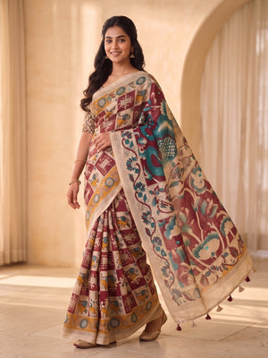 Peachmode Maroon Pure Linen Chennur Print Saree With Thread Mirror Work And Tassels - Image 2