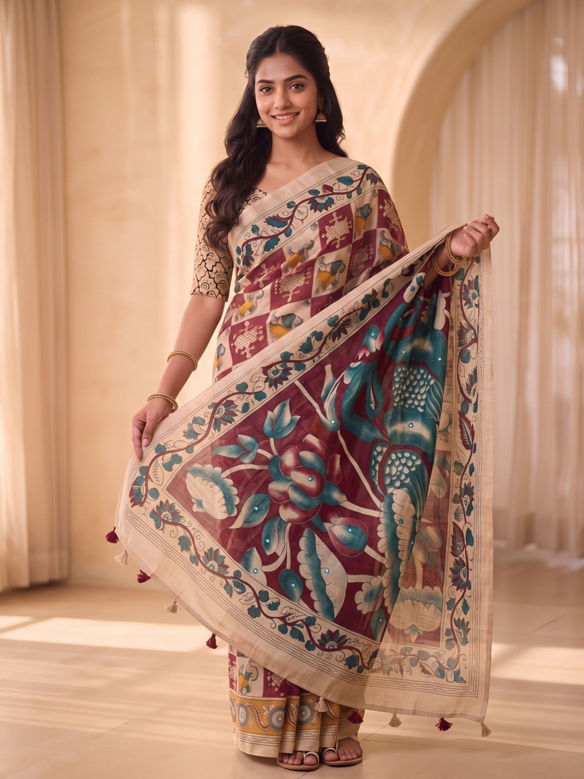 Peachmode Maroon Pure Linen Chennur Print Saree With Thread Mirror Work And Tassels - Image 3