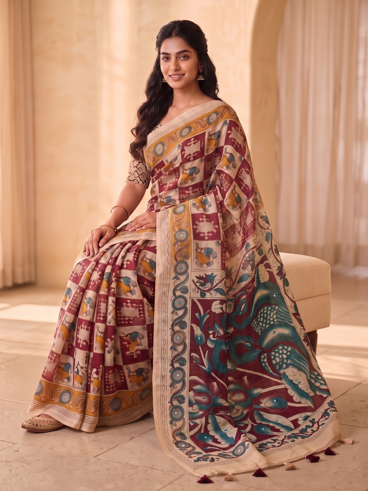 Peachmode Maroon Pure Linen Chennur Print Saree With Thread Mirror Work And Tassels - Image 5