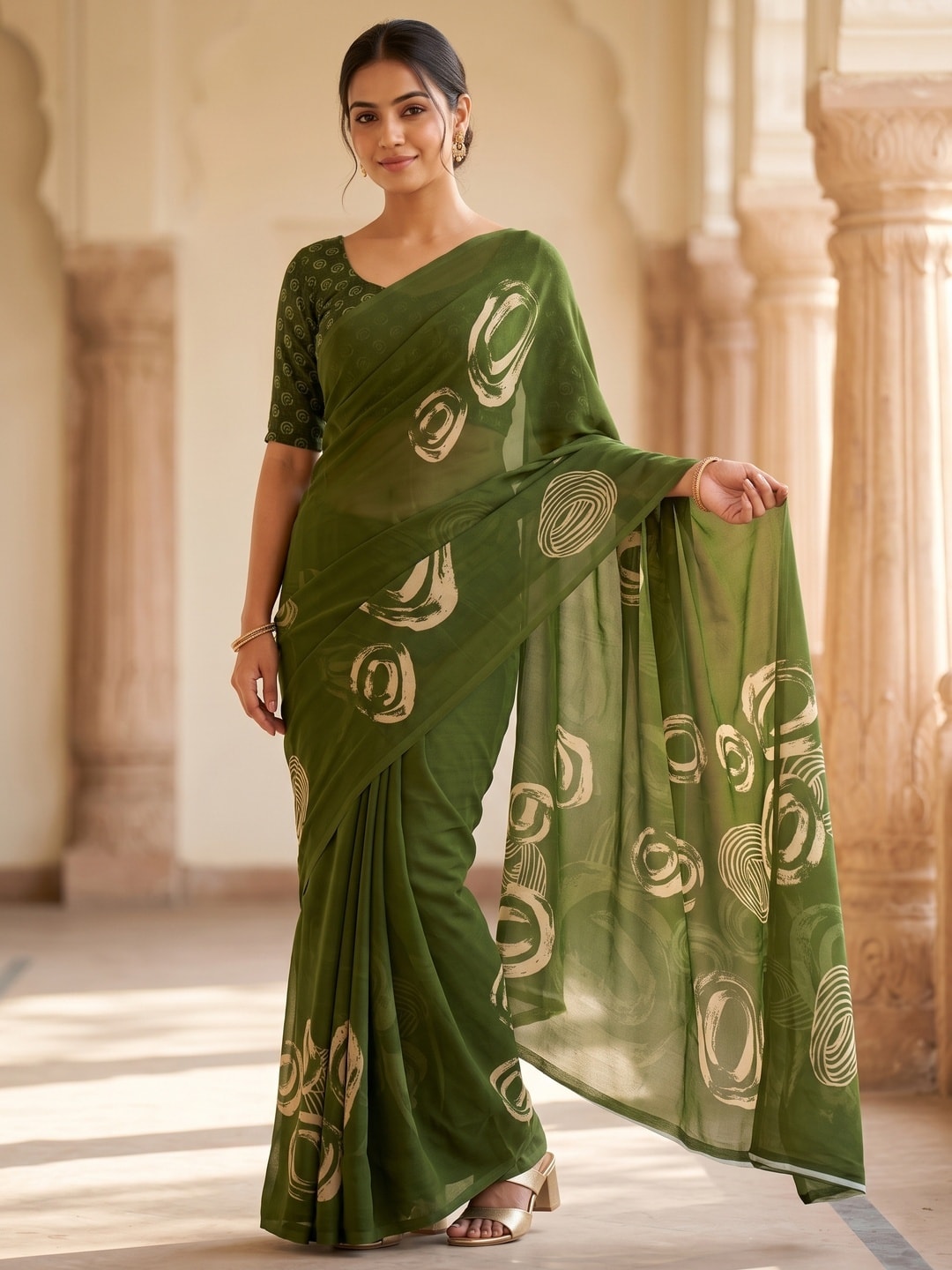 Peachmode Olive Green Abstract Rose Swirl Weightless Georgette Digital Printed Saree - Image 1