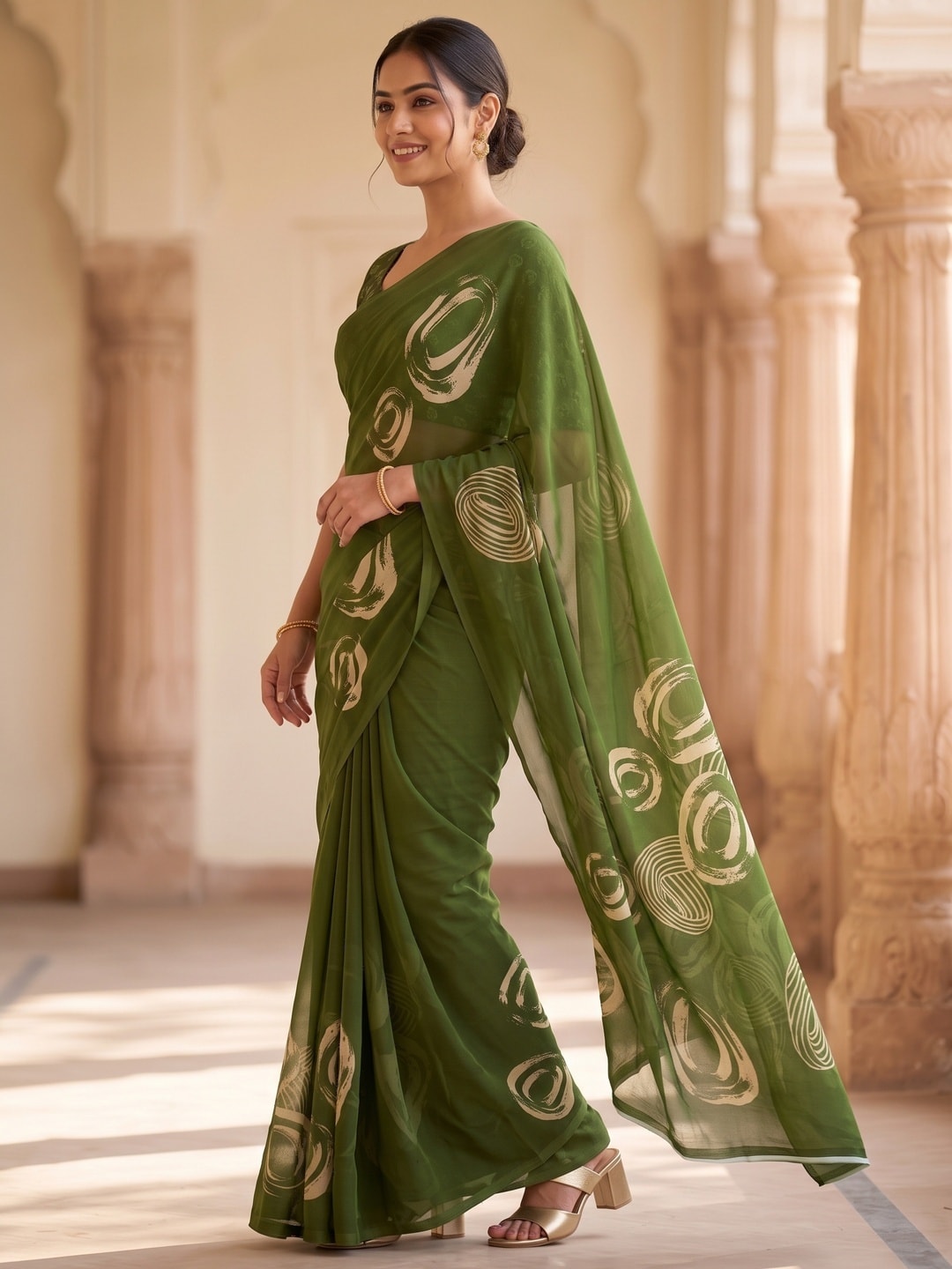 Peachmode Olive Green Abstract Rose Swirl Weightless Georgette Digital Printed Saree - Image 2