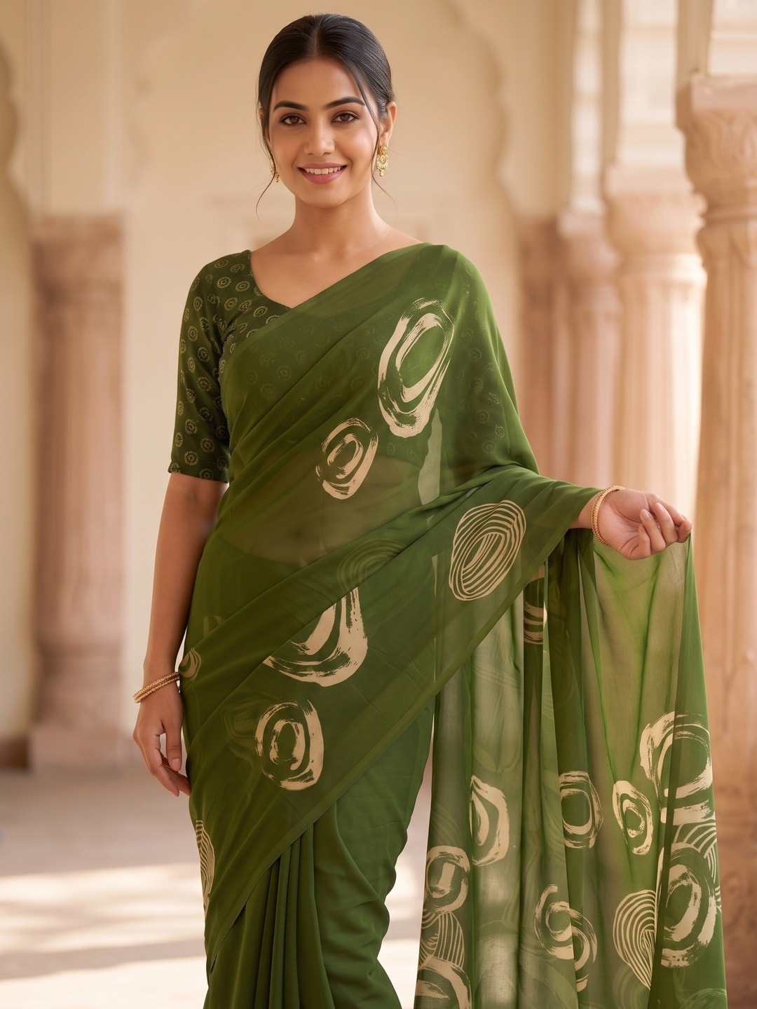 Peachmode Olive Green Abstract Rose Swirl Weightless Georgette Digital Printed Saree - Image 3