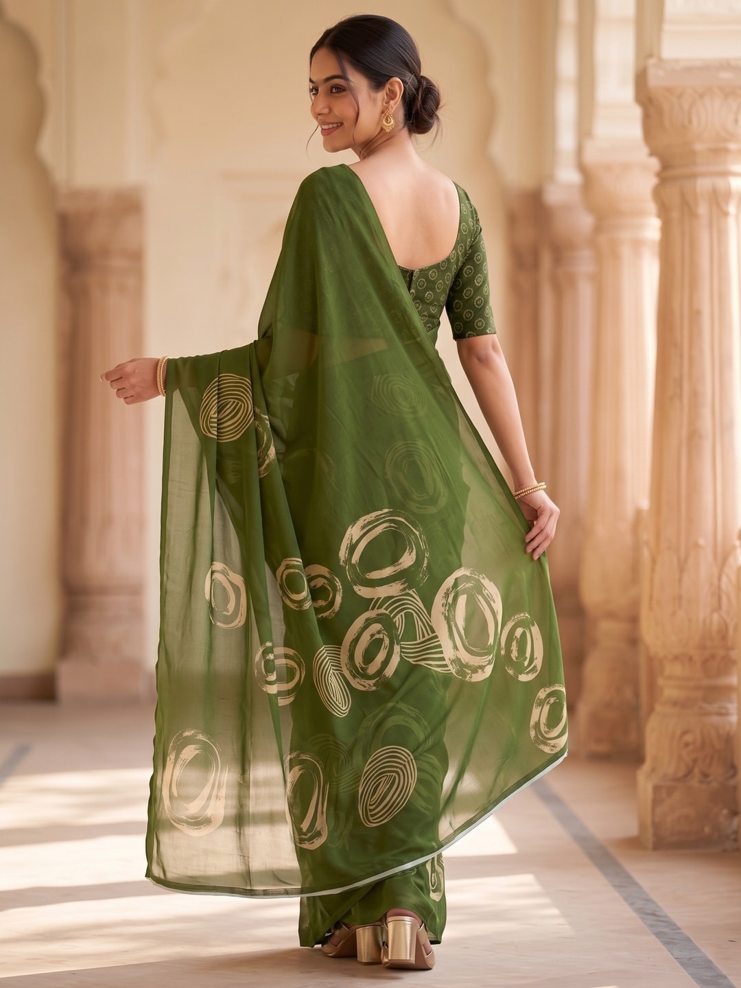 Peachmode Olive Green Abstract Rose Swirl Weightless Georgette Digital Printed Saree - Image 4